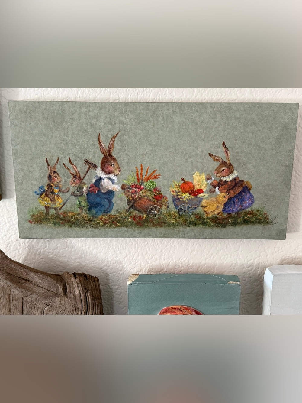 Hand painted Sage Green Bunny Family Harvest Wall Art Panel